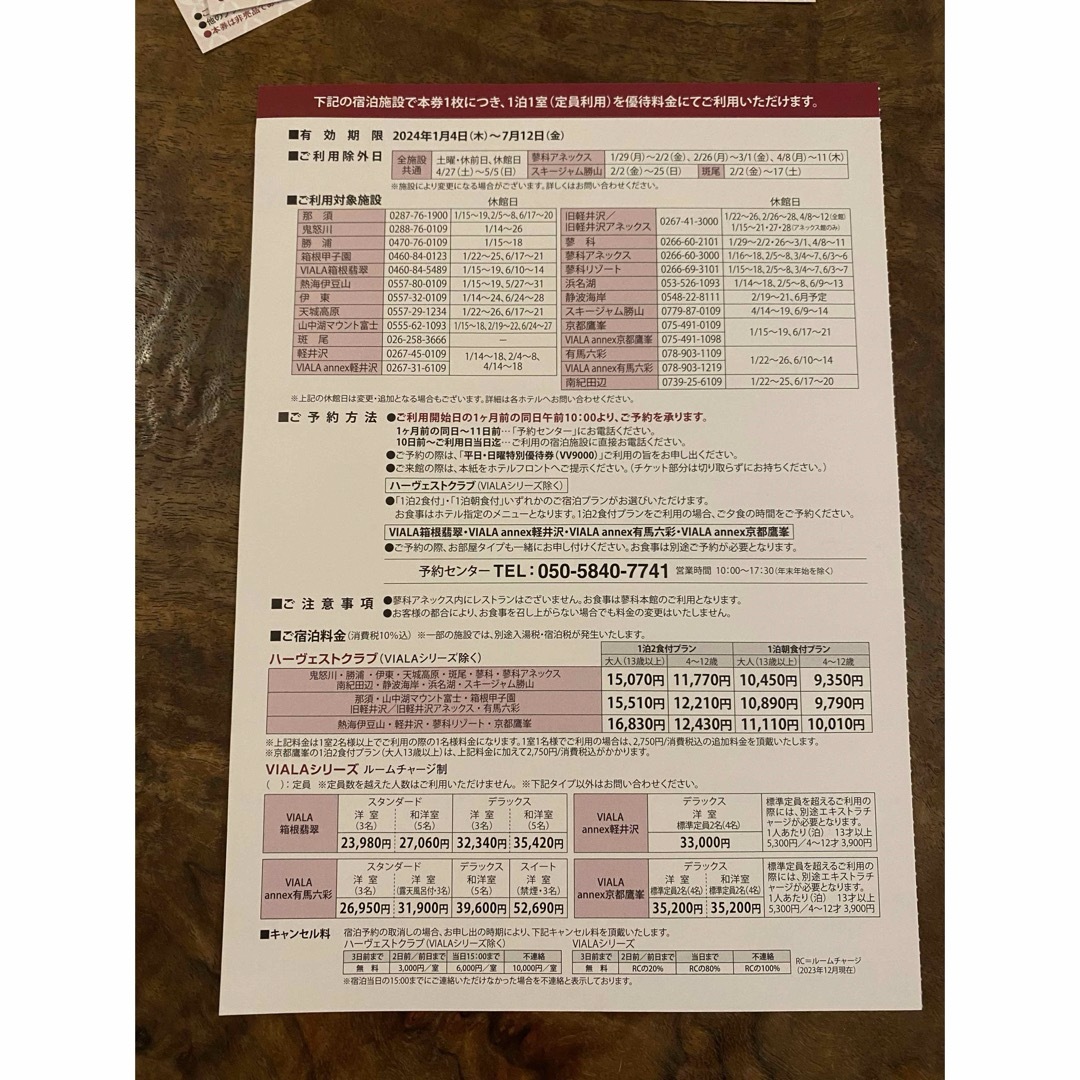 2024年東急ハーヴェストクラブ特別優待券 チケットの優待券/割引券(宿泊券)の商品写真