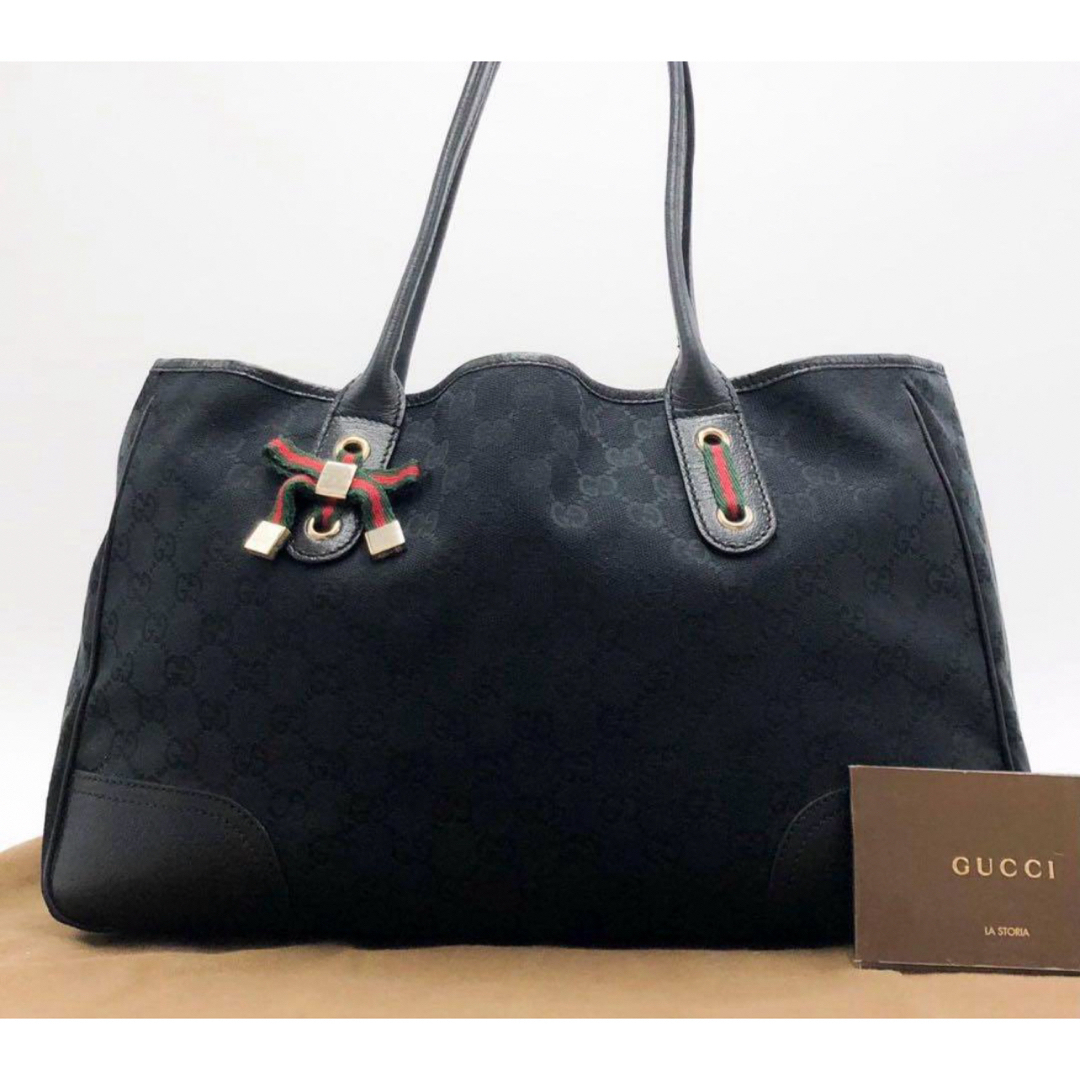 Gucci(グッチ)の美品✨グッチ トートバッグ シェリーライン リボン GG 黒 キャンバス レディースのバッグ(トートバッグ)の商品写真