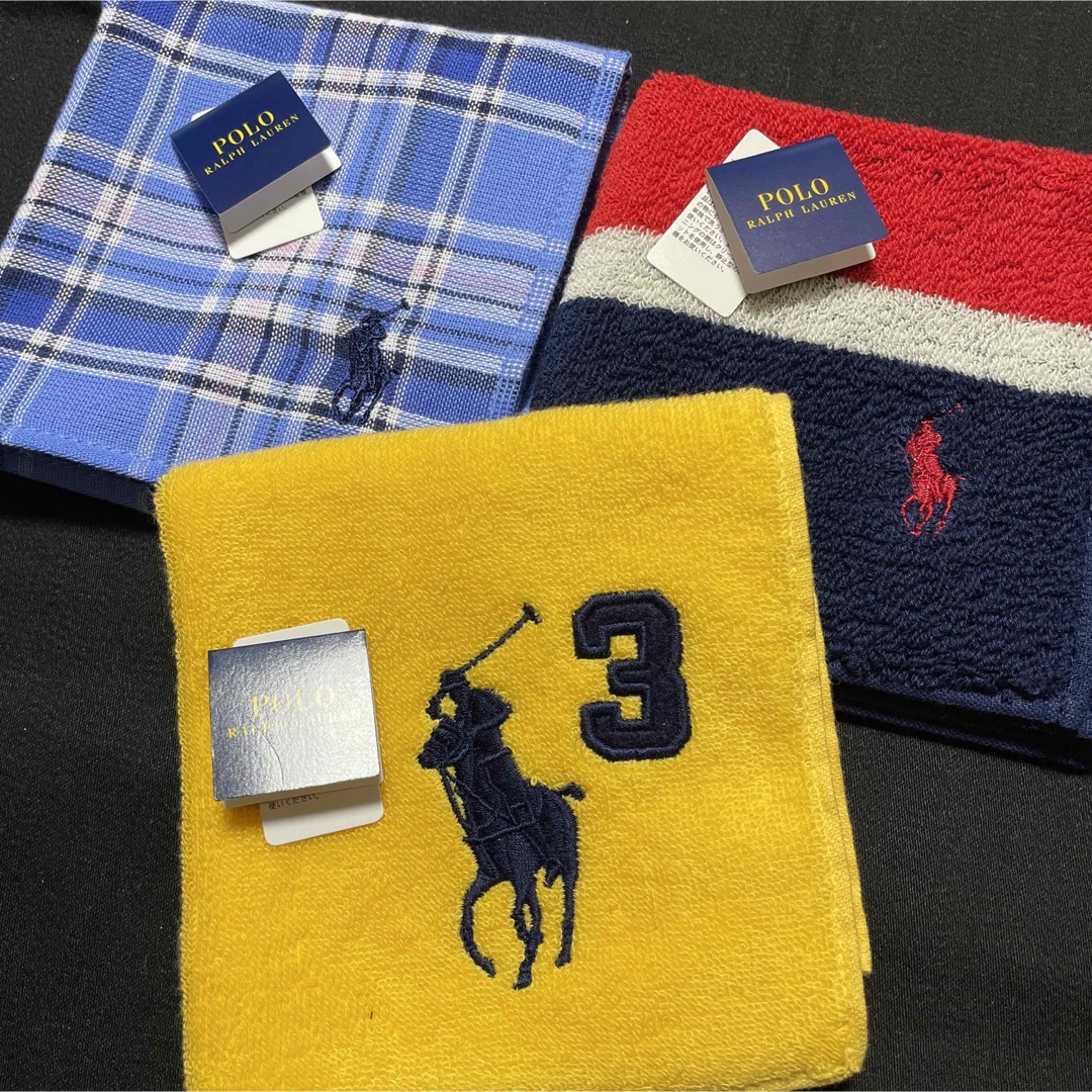 POLO RALPH LAUREN(ポロラルフローレン)の新品　タグ付き　ポロラルフローレン　ホース刺繍　タオルハンカチ　3枚 メンズのファッション小物(ハンカチ/ポケットチーフ)の商品写真