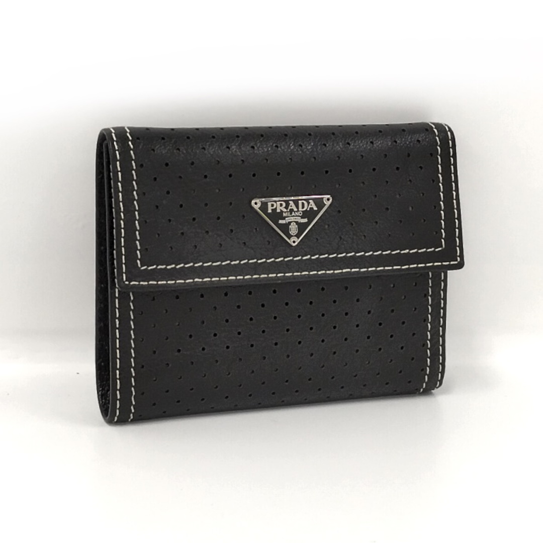 PRADA - PRADA パンチングドット 三つ折り財布 レザー ブラック PRADA - PRADA パンチングドット 三つ折り財布 レザー ブラック
