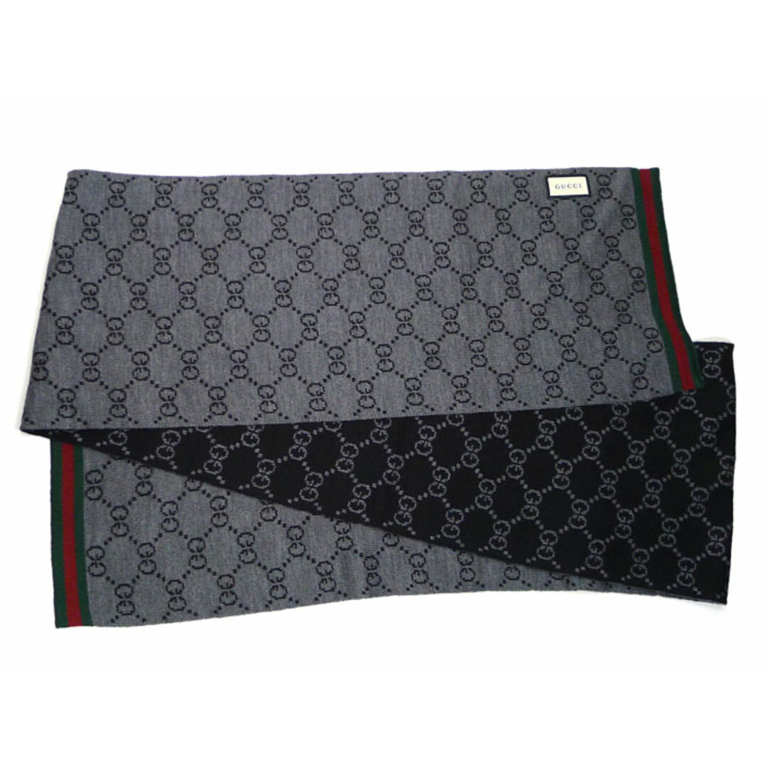 Gucci(グッチ)のGUCCI ウール マフラー ウェブ シェリーライン ブラック グレー レディースのファッション小物(マフラー/ショール)の商品写真