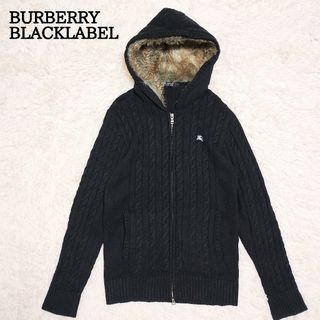 バーバリーブラックレーベル(BURBERRY BLACK LABEL)のバーバリーブラックレーベル　ニットパーカー　ファー　ケーブル編み　黒　L　刺繍(パーカー)