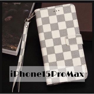 チェック柄 手帳型 iPhoneケース iPhone15ProMax ホワイト(iPhoneケース)