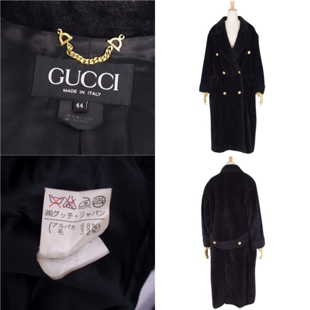 Gucci(グッチ)の美品 Vintage グッチ GUCCI コート チェスターコート ダブルブレスト GGボタン シャギー アルパカ ウール アウター レディース 44(L相当) ブラック レディースのジャケット/アウター(その他)の商品写真