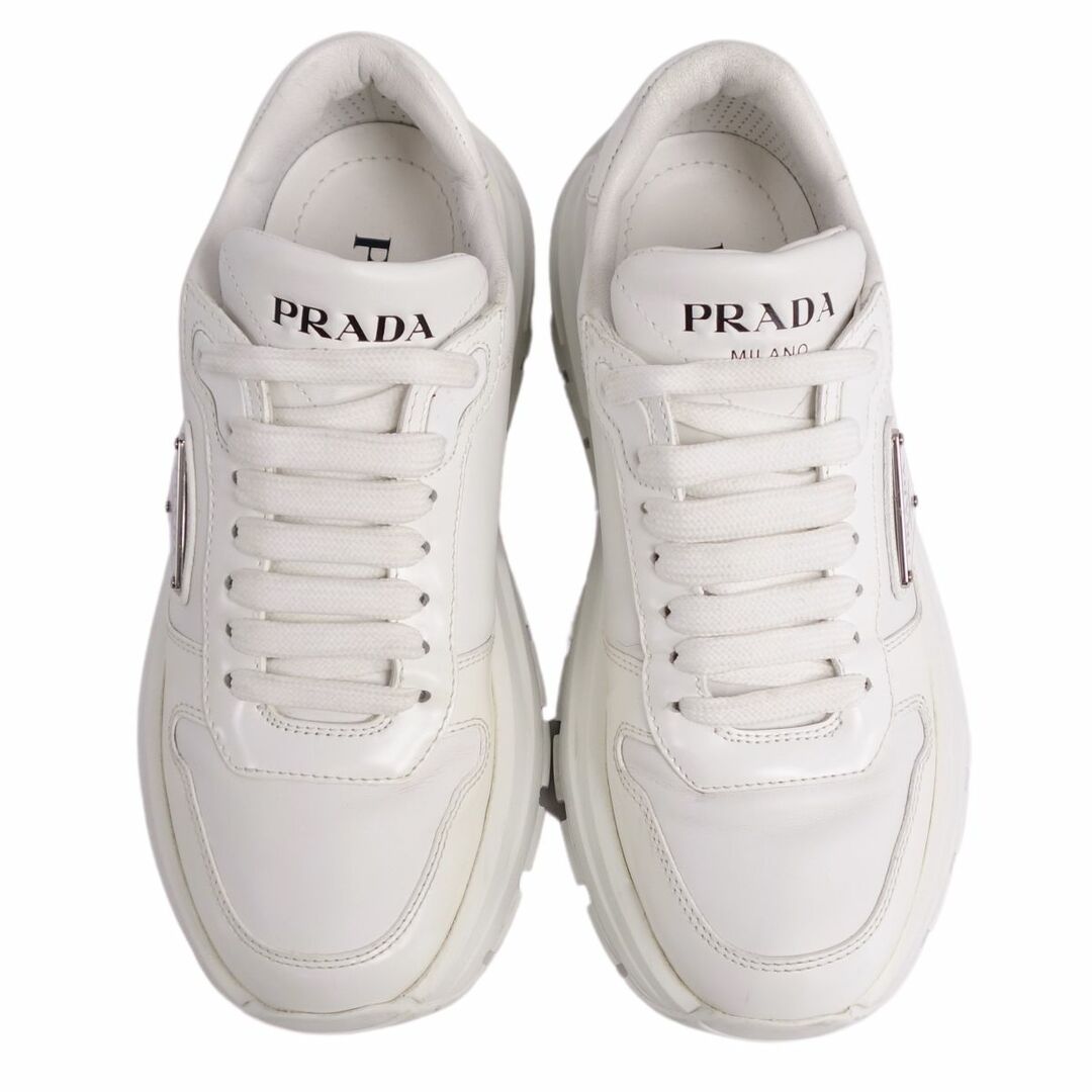 美品 プラダ PRADA スニーカー ローカット レースアップ 三角ロゴ トライアングル シューズ レディース 34.5(21.5cm相当) ホワイト