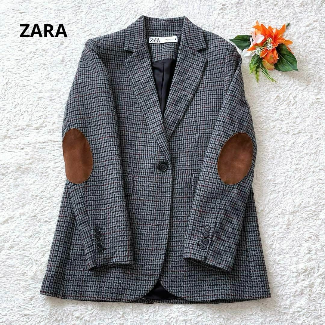 ZARA(ザラ)の美品✨大きめサイズ　ZARA　エルボーパッチ　ウールブレンドジャケット　グレー レディースのジャケット/アウター(テーラードジャケット)の商品写真