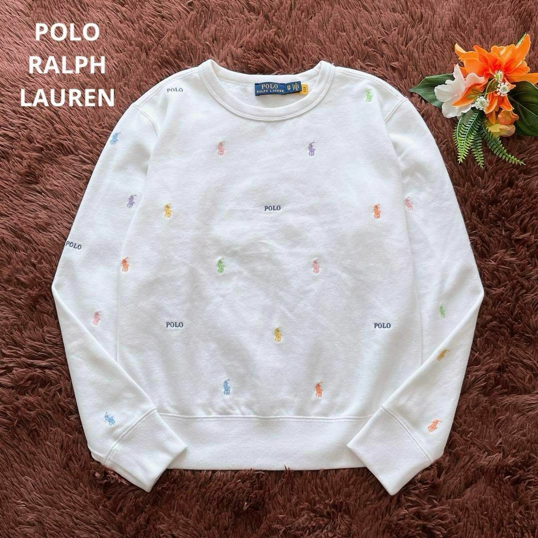 POLO RALPH LAUREN(ポロラルフローレン)の美品✨ポロラルフローレン　マルチカラー刺繍トレーナー　裏起毛　ホワイト　XS レディースのトップス(トレーナー/スウェット)の商品写真