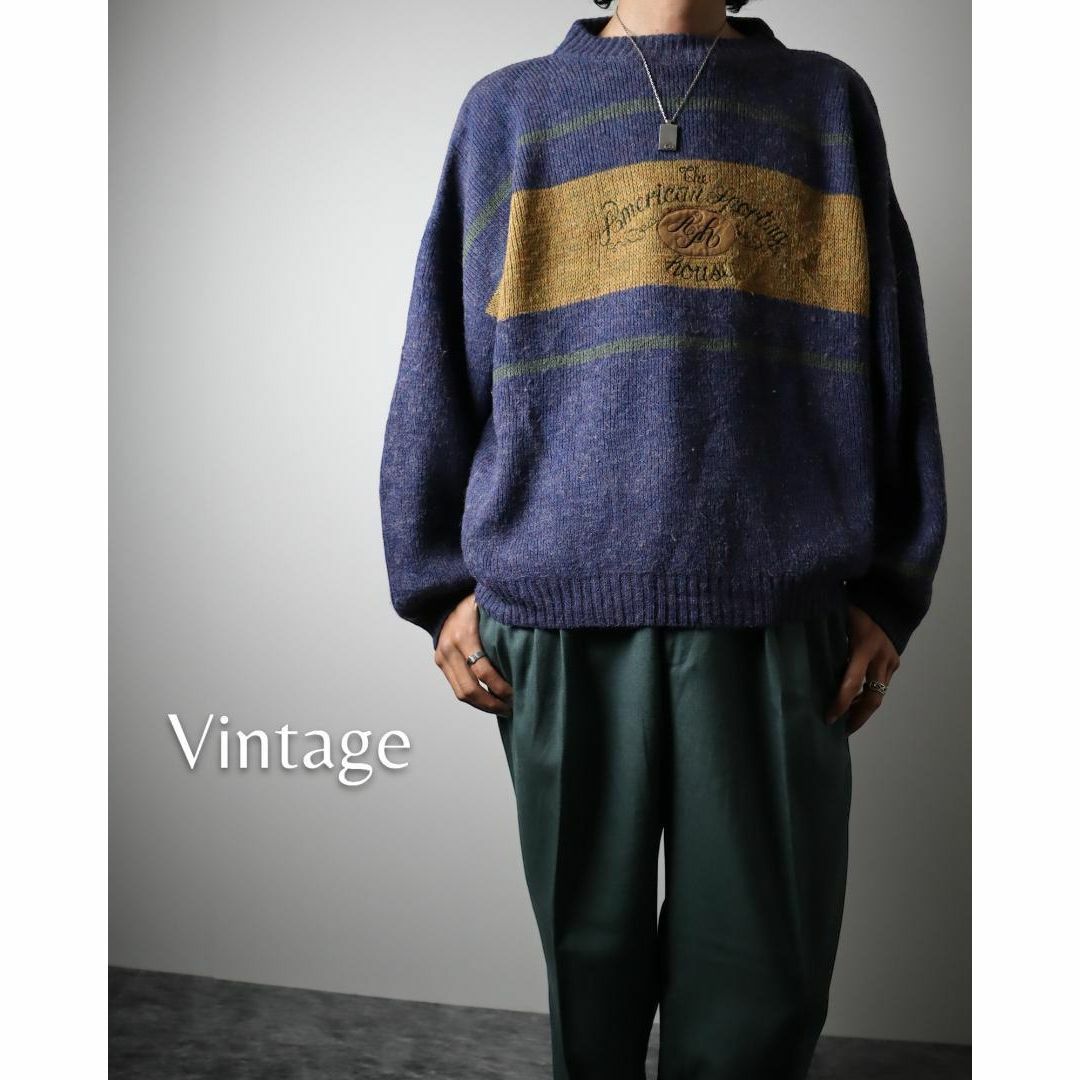 【vintage】スエード パッチ 刺繍デザイン ニット セーター 青 ベージュ