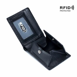 ブラック　牛分割革　二つ折り財布　折り畳み財布　スキミング防止　RFID　メンズ(折り財布)