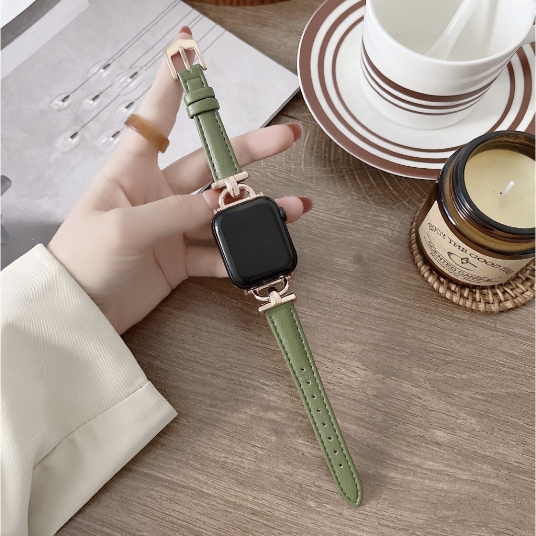 Apple Watch(アップルウォッチ)のAppleWatch レザー バンド 38/40/41mm グリーン+ローズ レディースのファッション小物(腕時計)の商品写真