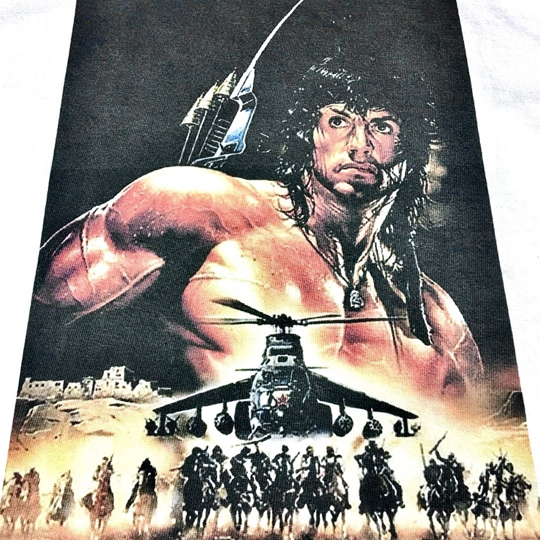 新品 ランボー3 怒りのアフガン 弓 スタローン戦争映画 ポスター 白 ロンTXXL5XL半袖Tシャツの白黒