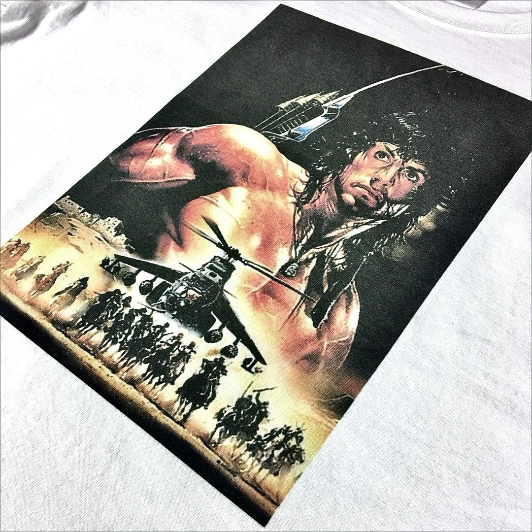 新品 ランボー3 怒りのアフガン 弓 スタローン戦争映画 ポスター 白 ロンTXXL5XL半袖Tシャツの白黒