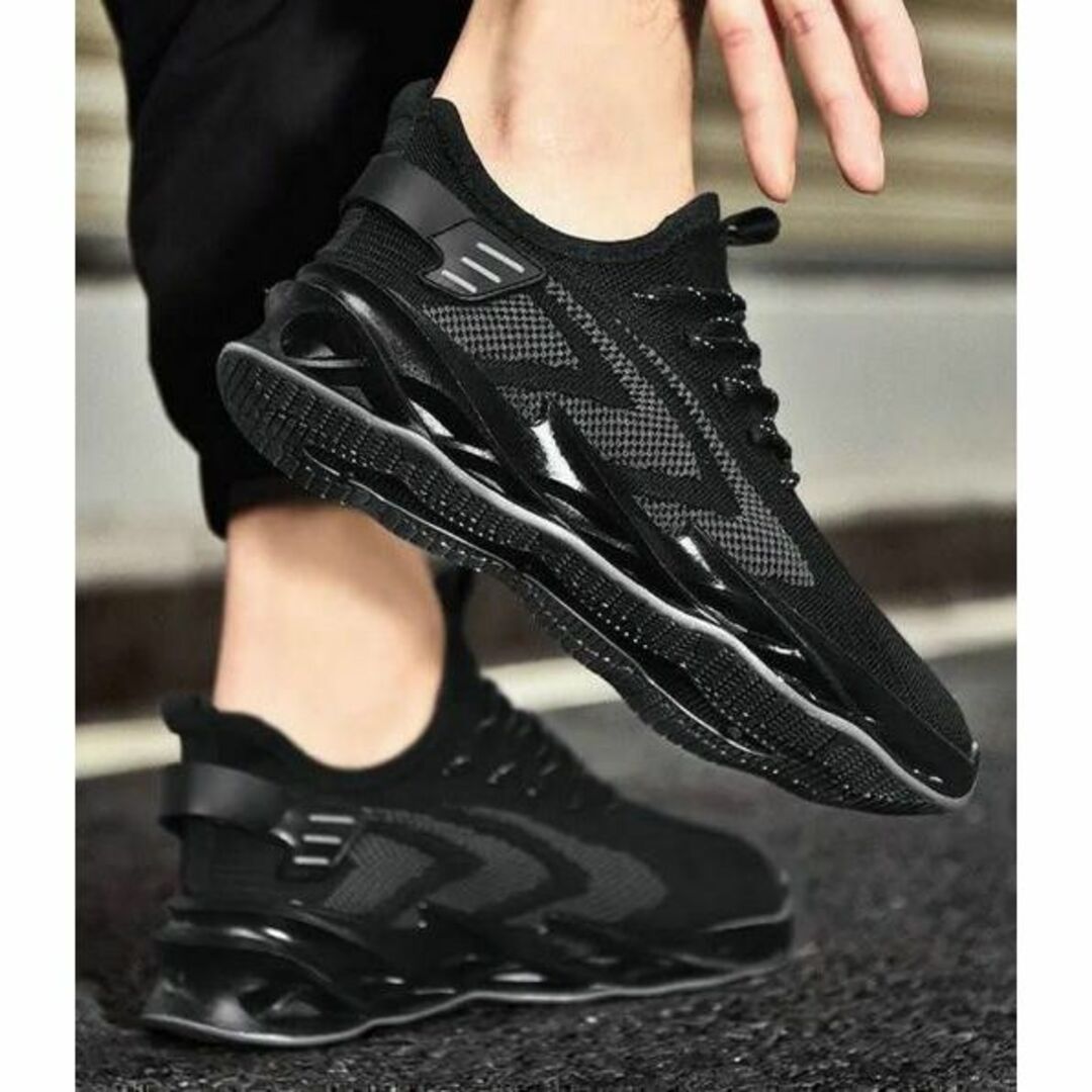 27.5cmメンズスニーカーシューズランニング厚底メッシュ運動靴ブラック黒男性1 メンズの靴/シューズ(スニーカー)の商品写真