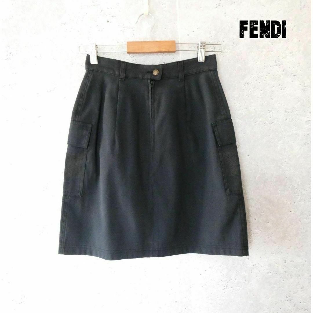 64㎝総丈美品 FENDI サイドロゴ ポケット 膝丈 台形スカート