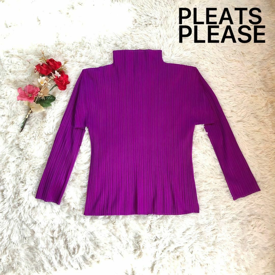 PLEATS PLEASE ISSEY MIYAKE(プリーツプリーズイッセイミヤケ)のプリーツプリーズ ハイネックカットソー 長袖 サイズ３ パープル レディースのトップス(Tシャツ(長袖/七分))の商品写真