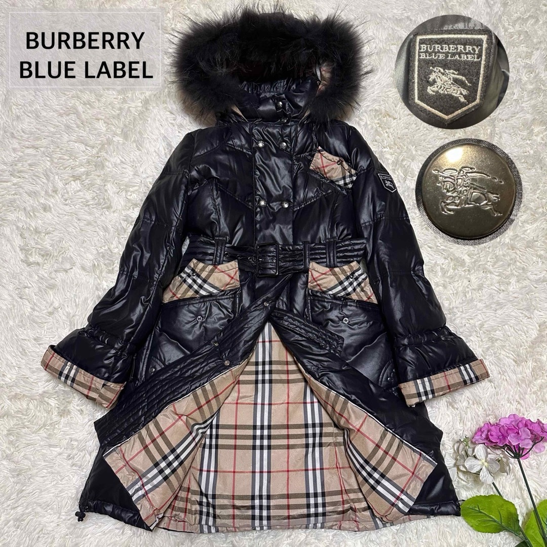 BURBERRY BLUE LABEL(バーバリーブルーレーベル)の美品・L✨ バーバリーブルーレーベル ダウンコート ノバチェック リアルファー レディースのジャケット/アウター(ダウンコート)の商品写真