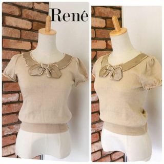 ルネ(René)の美品　数回 René　ルネ　ウール　半袖　リボン　ニット　ベージュ系　36(ニット/セーター)