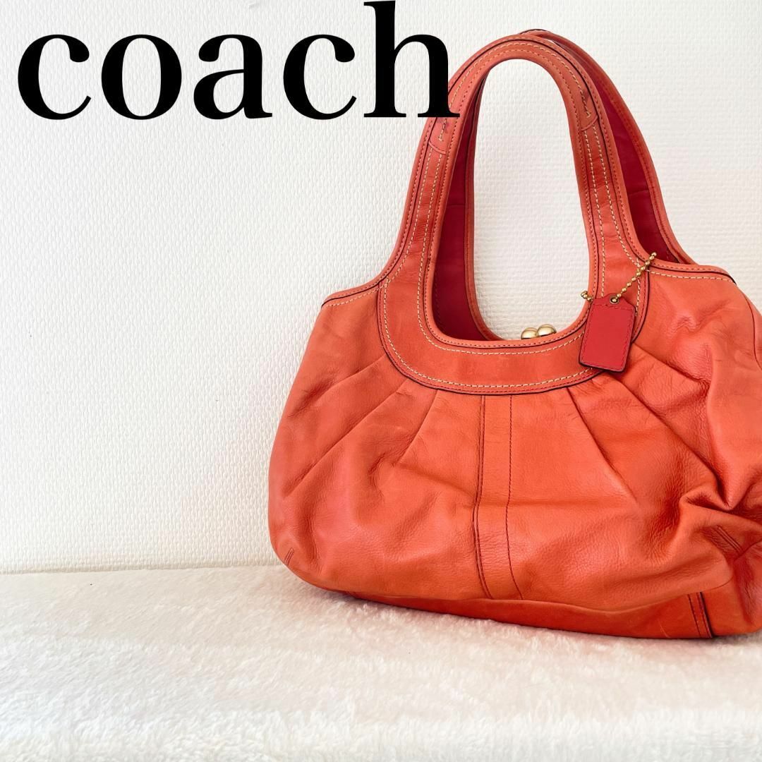 COACH(コーチ)の美品✨Coachコーチセミショルダーバッグトートバッグオレンジ橙カラーチェック レディースのバッグ(ショルダーバッグ)の商品写真