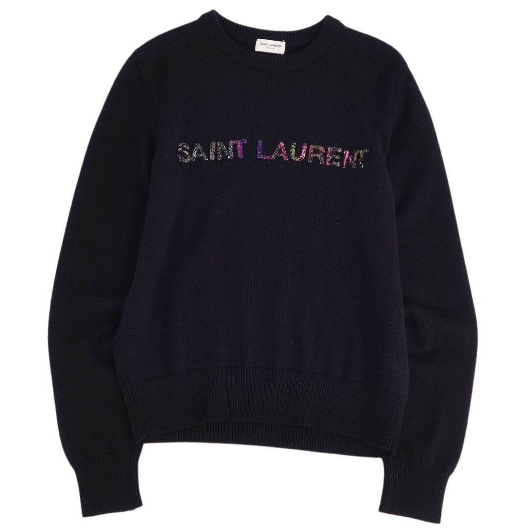 極美品 サンローラン パリ SAINT LAURENT PARIS ニット セーター ロングスリーブ 長袖 ビジュー ロゴ ウール トップス メンズ S ブラック約43cm肩幅