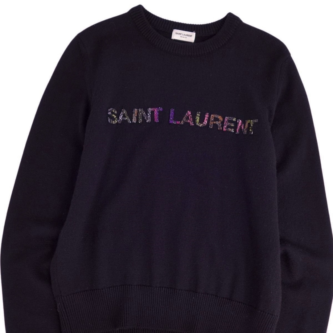 Saint Laurent(サンローラン)の極美品 サンローラン パリ SAINT LAURENT PARIS ニット セーター ロングスリーブ 長袖 ビジュー ロゴ ウール トップス メンズ S ブラック メンズのトップス(ニット/セーター)の商品写真