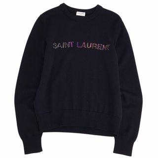 サンローラン(Saint Laurent)の極美品 サンローラン パリ SAINT LAURENT PARIS ニット セーター ロングスリーブ 長袖 ビジュー ロゴ ウール トップス メンズ S ブラック(ニット/セーター)