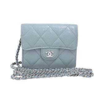 シャネル(CHANEL)の　シャネル CHANEL クラシック チェーンスモールウォレット AP0238 30番台 ライトブルー シルバー金具 キャビアスキン レディース 二つ折り財布(財布)