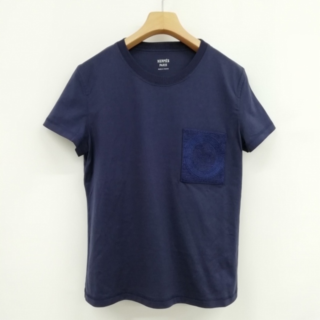 57cm袖丈美品 ロゴエンブロイダリー H 刺繍 ポケット Tシャツ カットソー 38