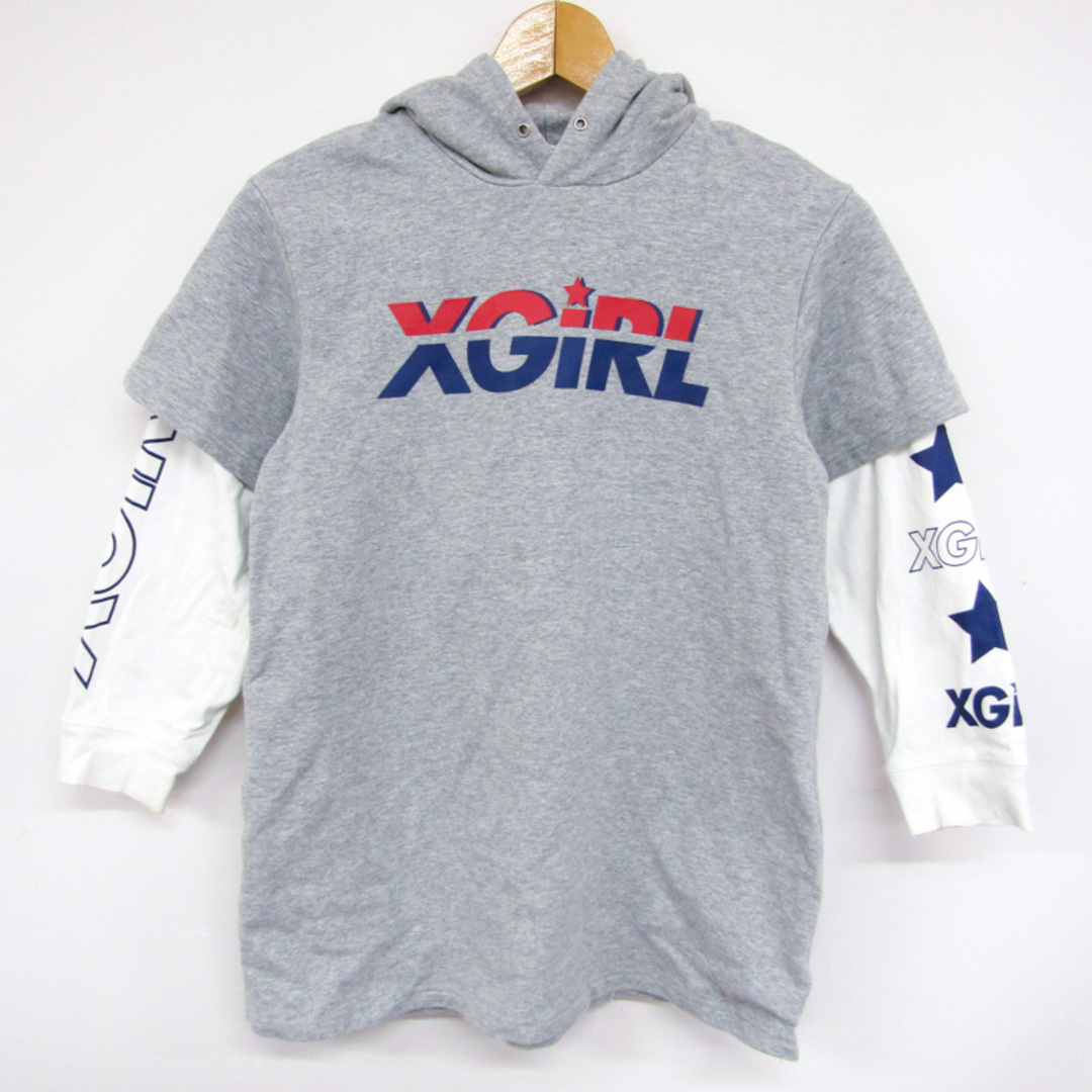 X-girl(エックスガール)のエックスガール パーカー フード付きTシャツ レイヤード風 キッズ 男の子用 130サイズ グレー X-girl キッズ/ベビー/マタニティのキッズ服女の子用(90cm~)(Tシャツ/カットソー)の商品写真