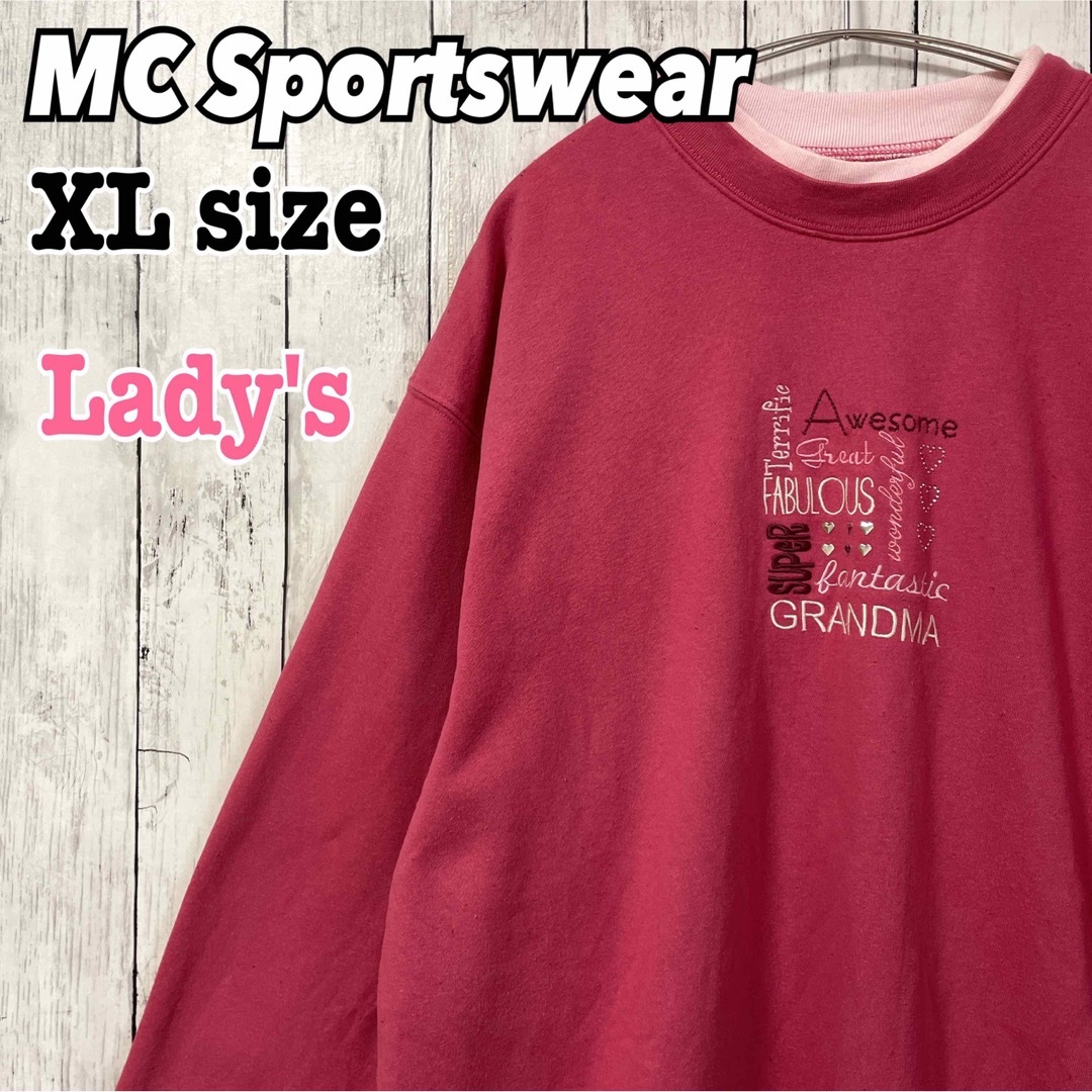 MC Sportswear ピンク スウェット 刺繍 ストーン ハート 海外古着 レディースのトップス(トレーナー/スウェット)の商品写真