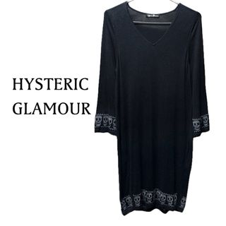 ヒステリックグラマー(HYSTERIC GLAMOUR)のヒステリックグラマー  スカル柄 七分袖 Vネック ニット ワンピース(ひざ丈ワンピース)