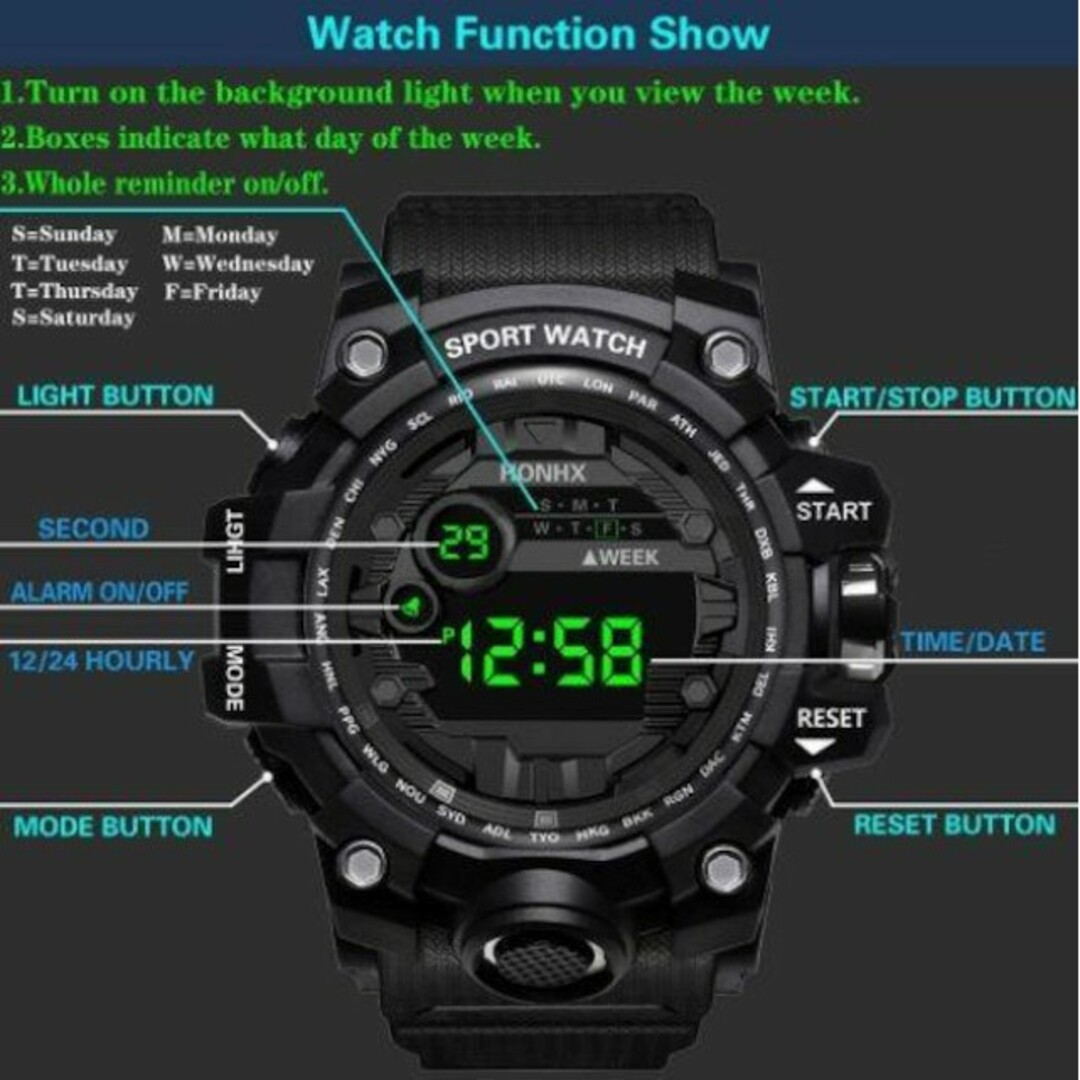 新品 送料無料 腕時計デジタル 多機能 LED ブラック メンズの時計(腕時計(デジタル))の商品写真