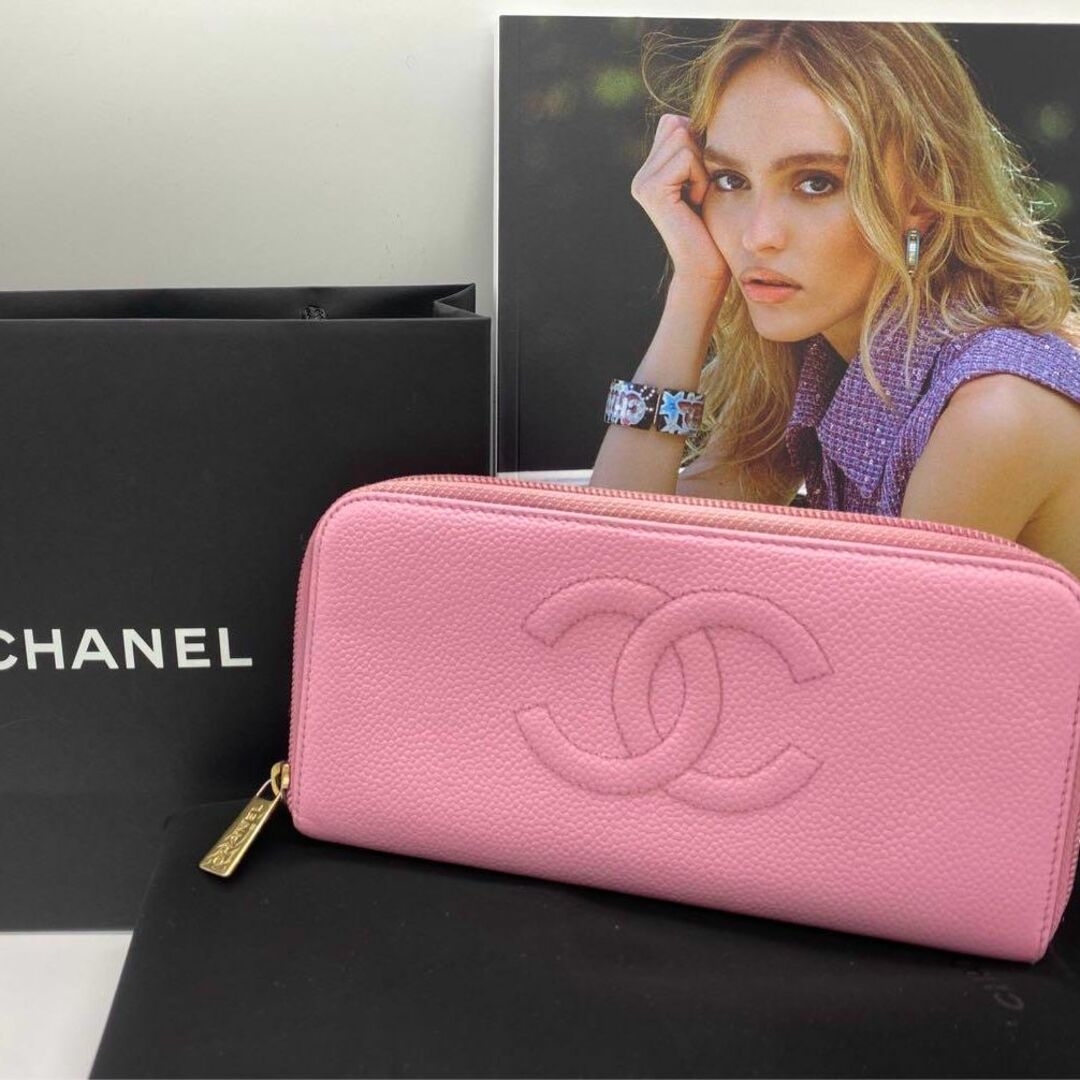 ファッション小物CHANEL シャネル キャビアスキン　デカココ　ラウンドファスナー　長財布