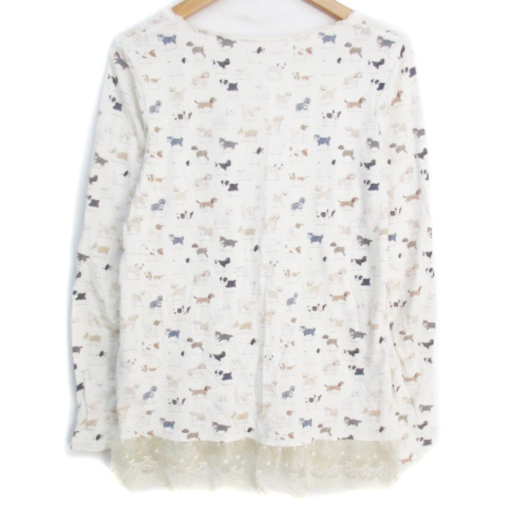 franche lippee(フランシュリッペ)のフランシュリッペ Tシャツ カットソー 長袖 Uネック 犬柄 M 白 ベージュ レディースのトップス(Tシャツ(長袖/七分))の商品写真