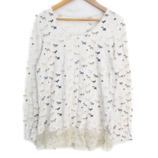 フランシュリッペ(franche lippee)のフランシュリッペ Tシャツ カットソー 長袖 Uネック 犬柄 M 白 ベージュ(Tシャツ(長袖/七分))