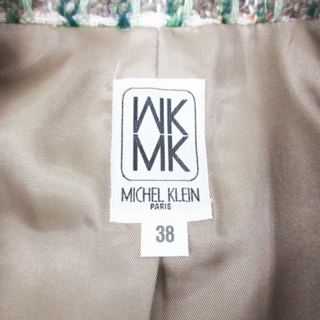 MK MICHEL KLEIN(エムケーミッシェルクラン)のエムケー ミッシェルクラン ツイードジャケット ミドル丈 総裏地 38 白 緑 レディースのジャケット/アウター(その他)の商品写真