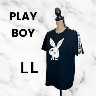 プレイボーイ(PLAYBOY)の【PLAY BOY】ロゴプリントTシャツ　おしゃれ　肩ライン　ブラック　L(Tシャツ(半袖/袖なし))