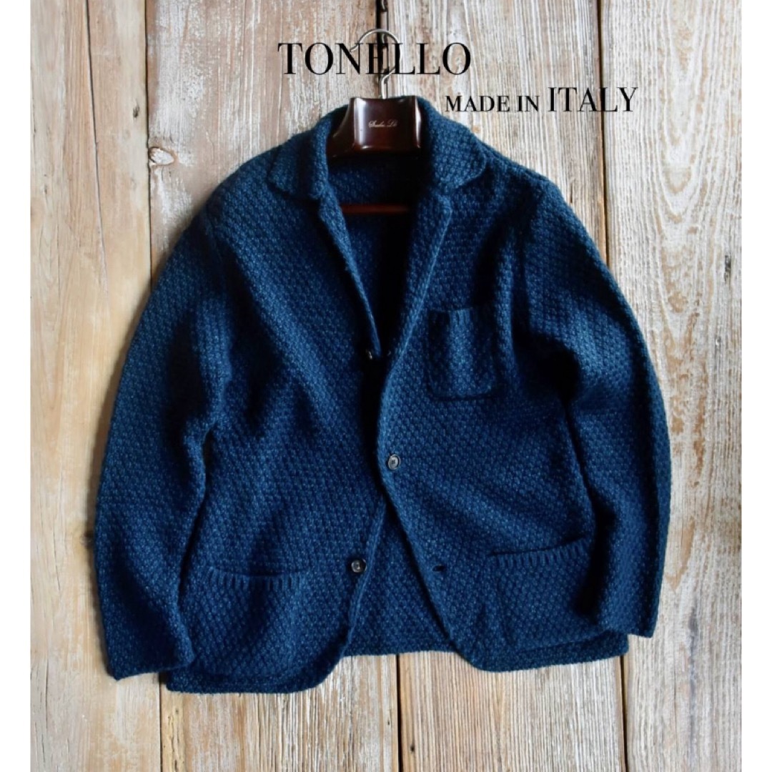 メンズ希少 美品 イタリア製 TONELLO 高級ニットジャケット　ネイビー 50