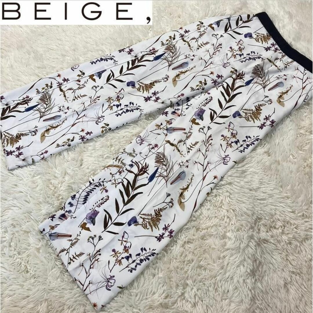 86cm股上【美品】BEIGE, ワイドパンツ 花柄  センタープレス