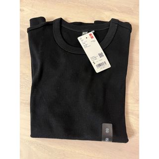 ユニクロ(UNIQLO)の【新品】ユニクロ　WOMENリブクルーネックT (五分袖)ブラック　Sサイズ(Tシャツ(長袖/七分))