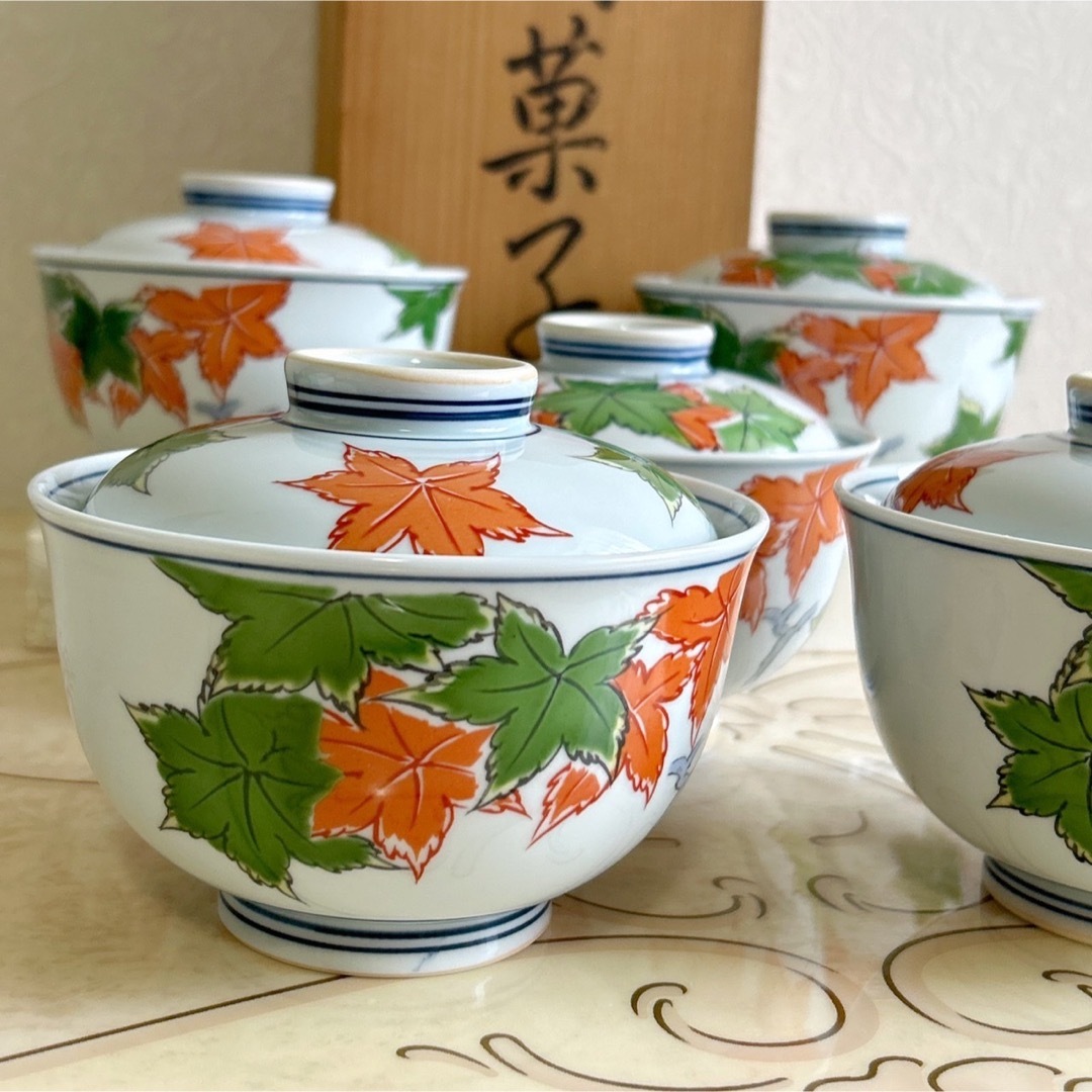 有田焼 古窯 蓋付き丼ぶり 5客セット 古伊万里 色絵 どんぶり 雑煮碗 菓子碗