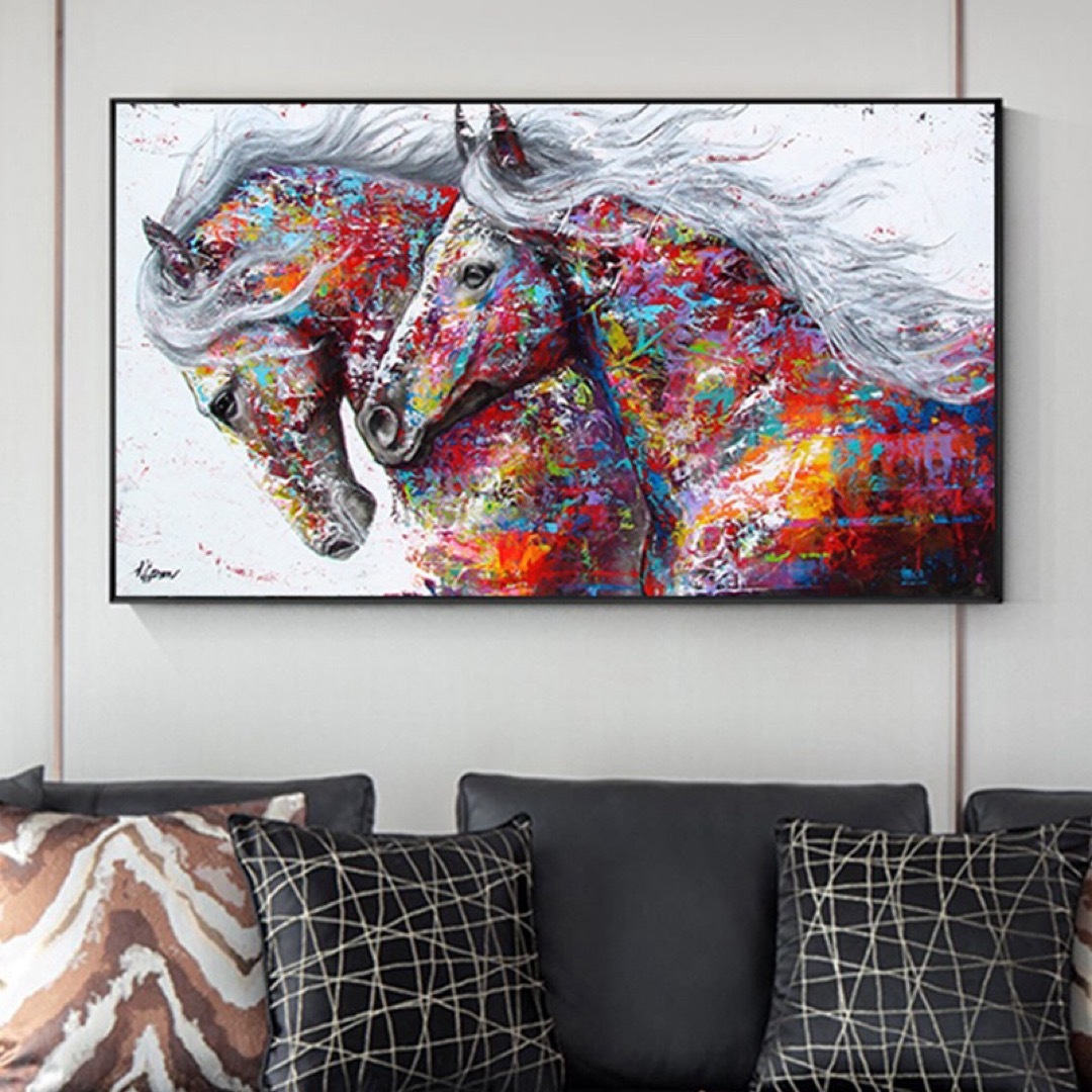 美術品/アンティーク絵画 馬 ウォールアート キャンバスプリント 額入り 壁掛 風水 開運 乗馬用品