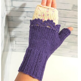 カラー　紫色　生成りピンク紫mix柄・デザイン無地　レース編み素材　ウール1(手袋)