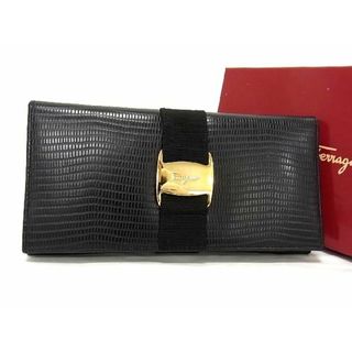 サルヴァトーレフェラガモ(Salvatore Ferragamo)の■ベタなし■新品■未使用■ SalvatoreFerragamo フェラガモ ヴァラ リザード型押しレザー 二つ折り 長財布 ウォレット ブラック系 AU5113(財布)