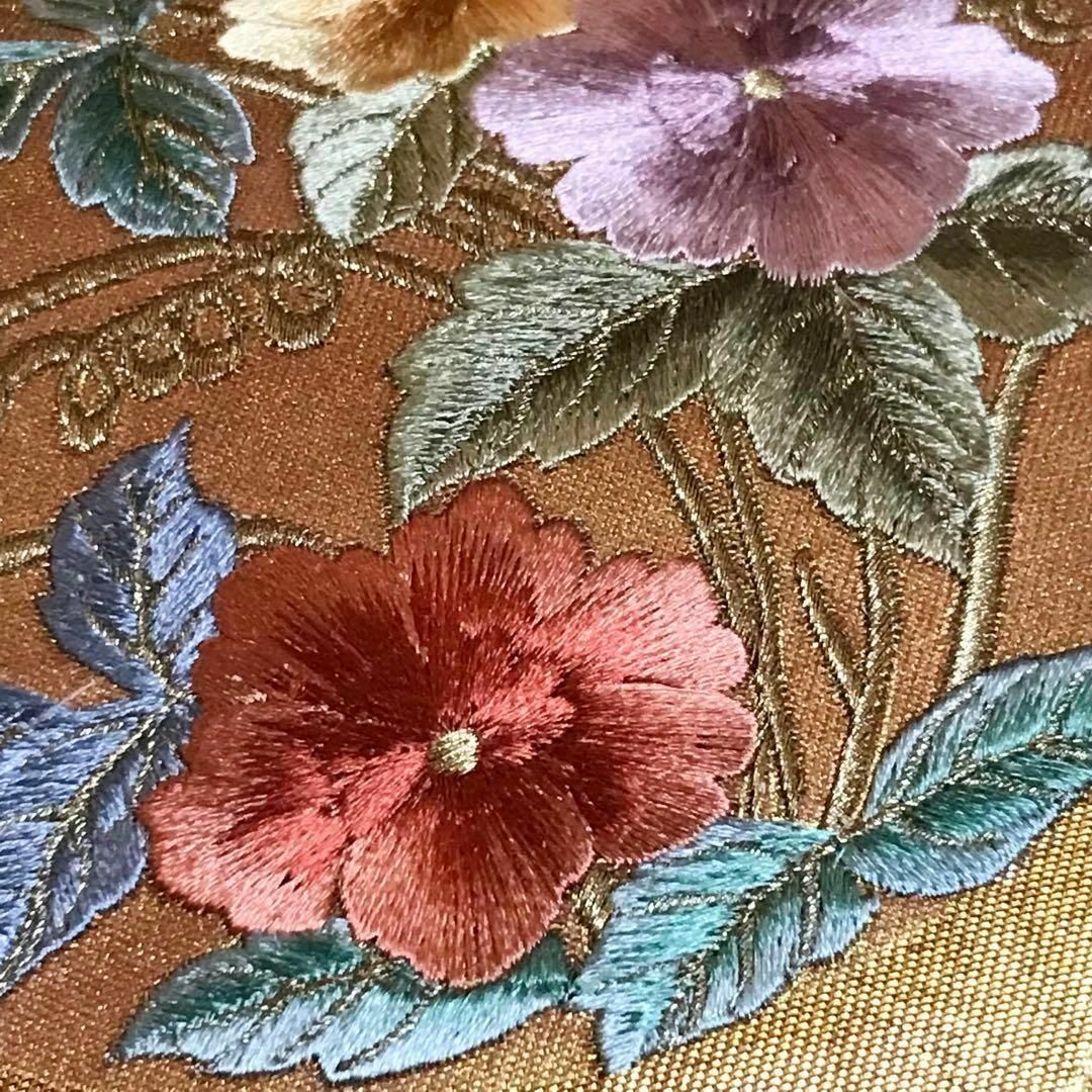 RO-5154 名古屋帯 牡丹と菊の花 刺繍 金彩 亀甲 着物