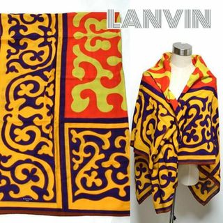 ランバン(LANVIN)のランバン■美品 ロゴ入り幾何学模様コットンショールスカーフ　ストール　ブラウン(マフラー/ショール)