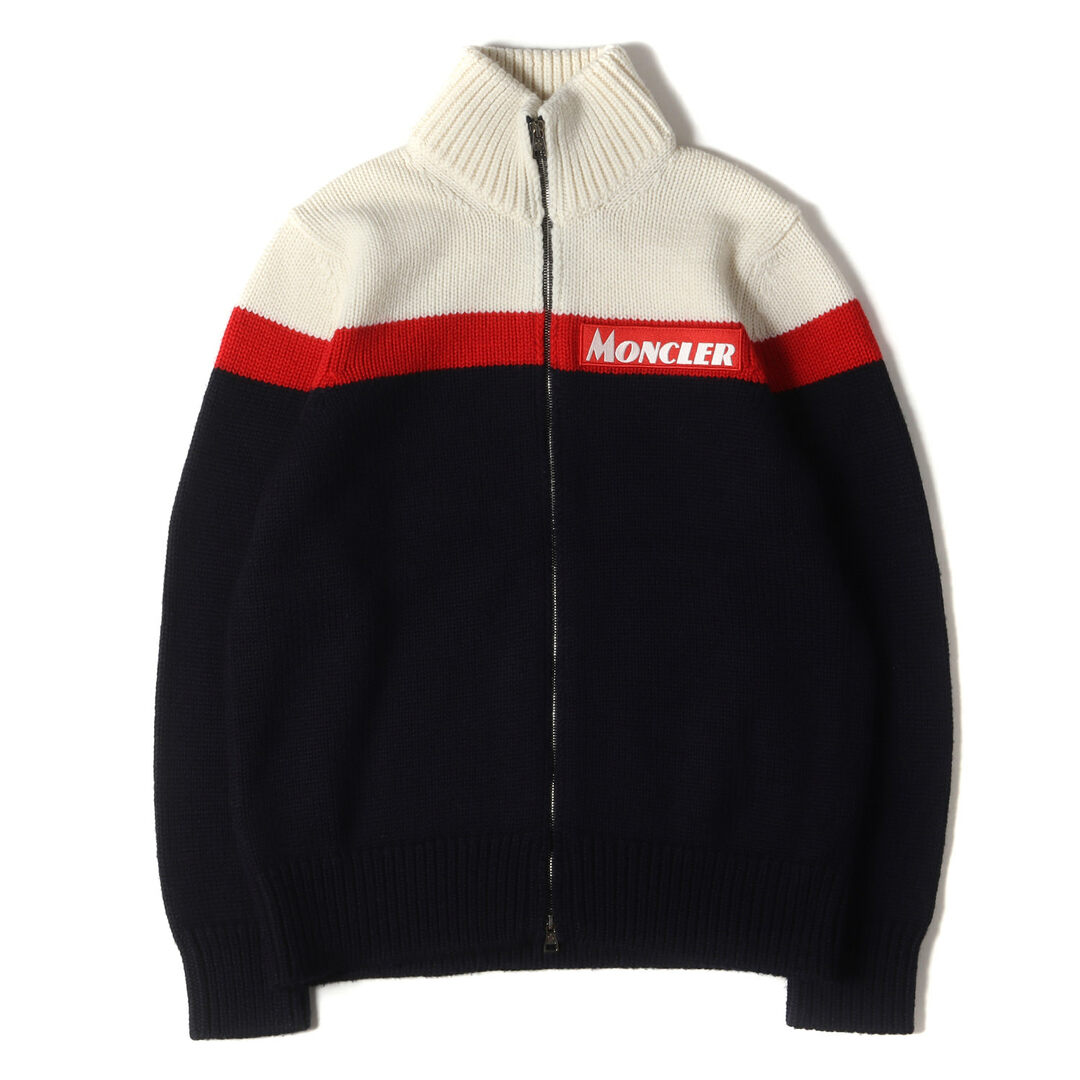 MONCLER モンクレール ニット サイズ:L 19AW ロゴ ワッペン 畔編み フルジップ ウール ニット セーター E20919423100 ブルゾン ジャケット ドライバーズ ネイビー レッド ホワイト 【メンズ】トップス