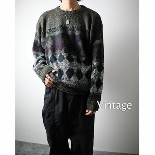 アートヴィンテージ(ART VINTAGE)の【vintage】アーガイル調 総柄 ダークトーン ルーズ ニット セーター L(ニット/セーター)