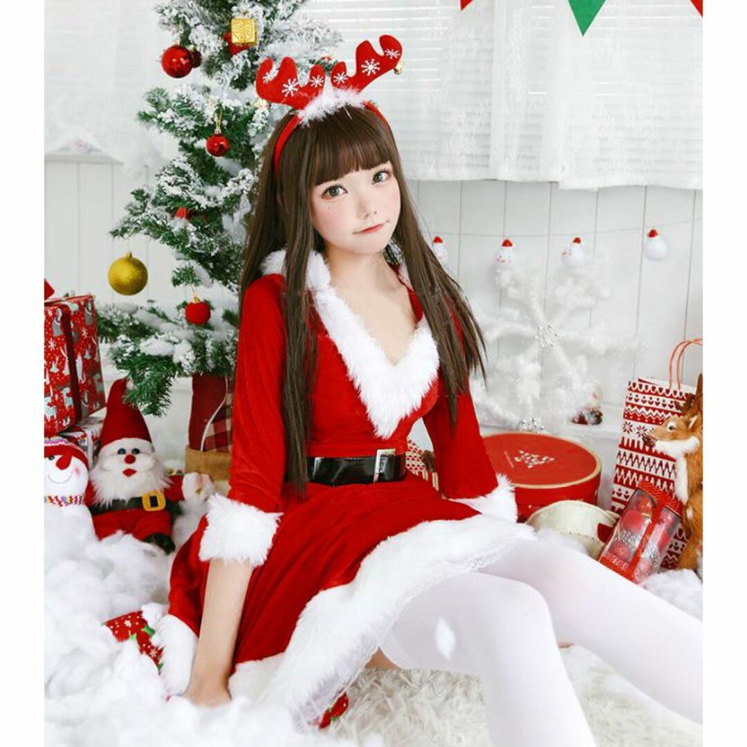 【赤XL】Vネック サンタ コスプレ パニエ付 ふわふわ クリスマス エンタメ/ホビーのコスプレ(衣装一式)の商品写真