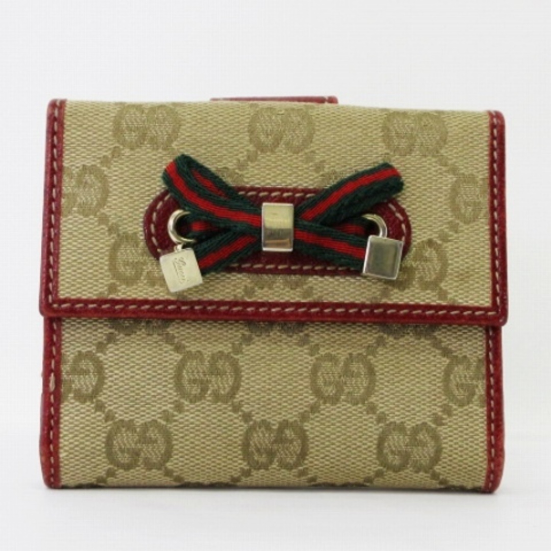 ECRグッチGUCCI-ヨコグッチ 二つ折り財布 GG ロゴ キャンバス リボン ベージュ レッド