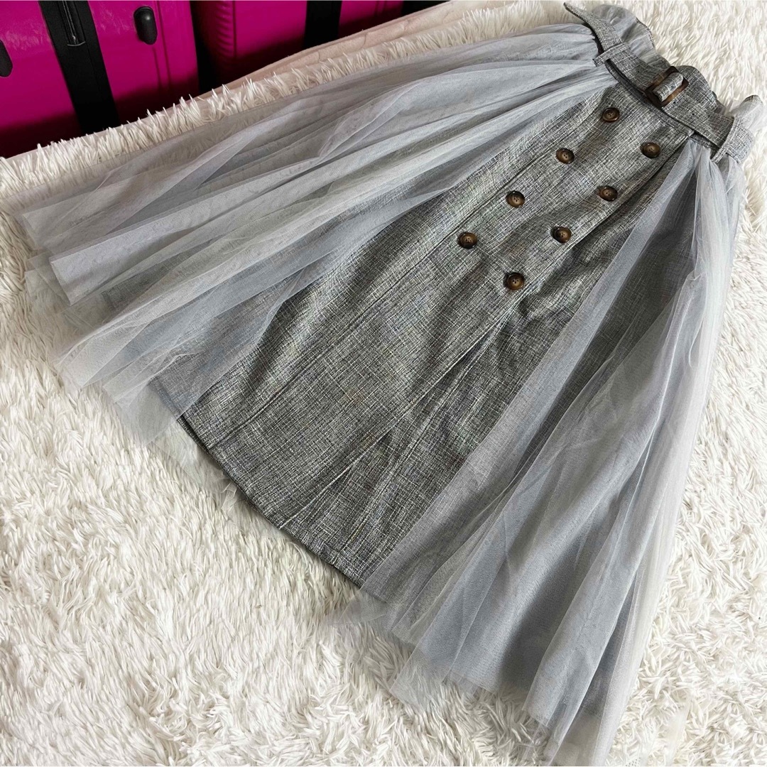 MIIA(ミーア)のミーア トレンチスカート ロングスカート チュール レース ベルト グレー レディースのスカート(ロングスカート)の商品写真